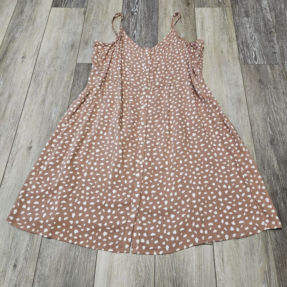 Aerie Tan White Polka Dot Spot Button Up Strappy Mini Sundress Dress Women's XL - Picture 2 of 6